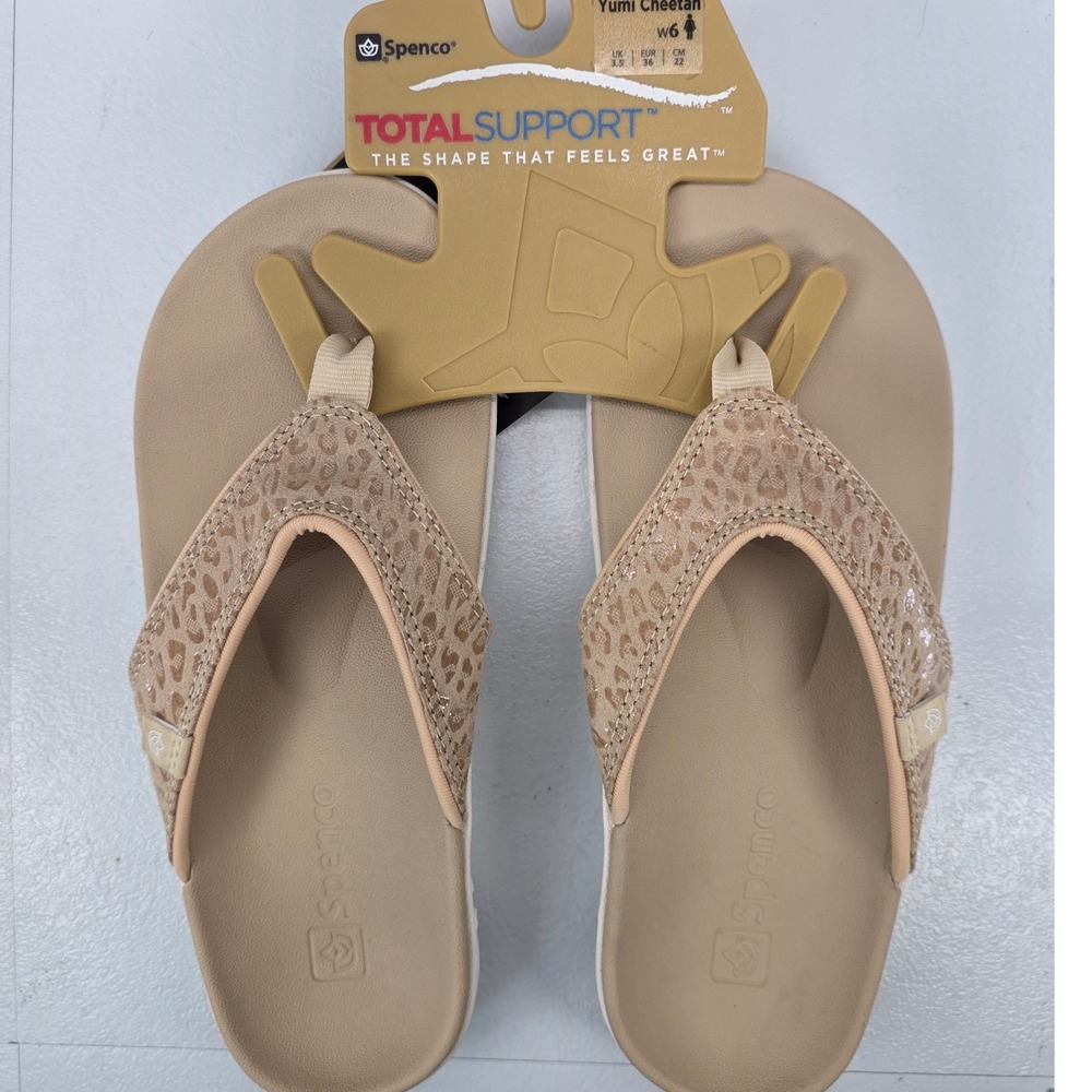 Spenco Yumi Cheetah‎ Tan Sandals Womens Sz 6 Orthotic Arch Support Flip Flops